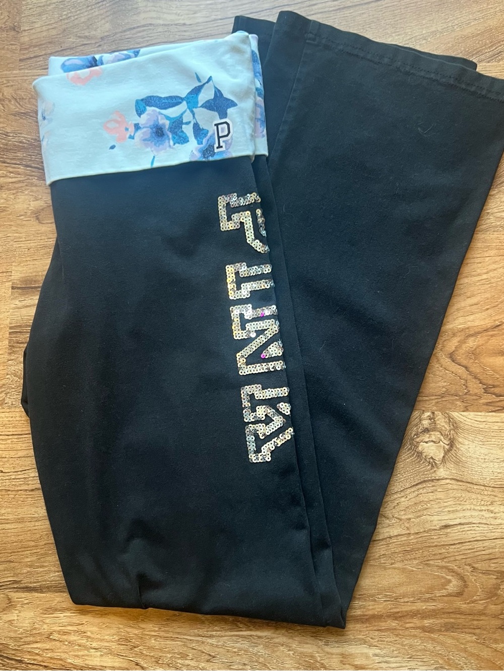 PINK Victoria's Secret Black Bootcut Leggings with Floral Fold-Over Waistband